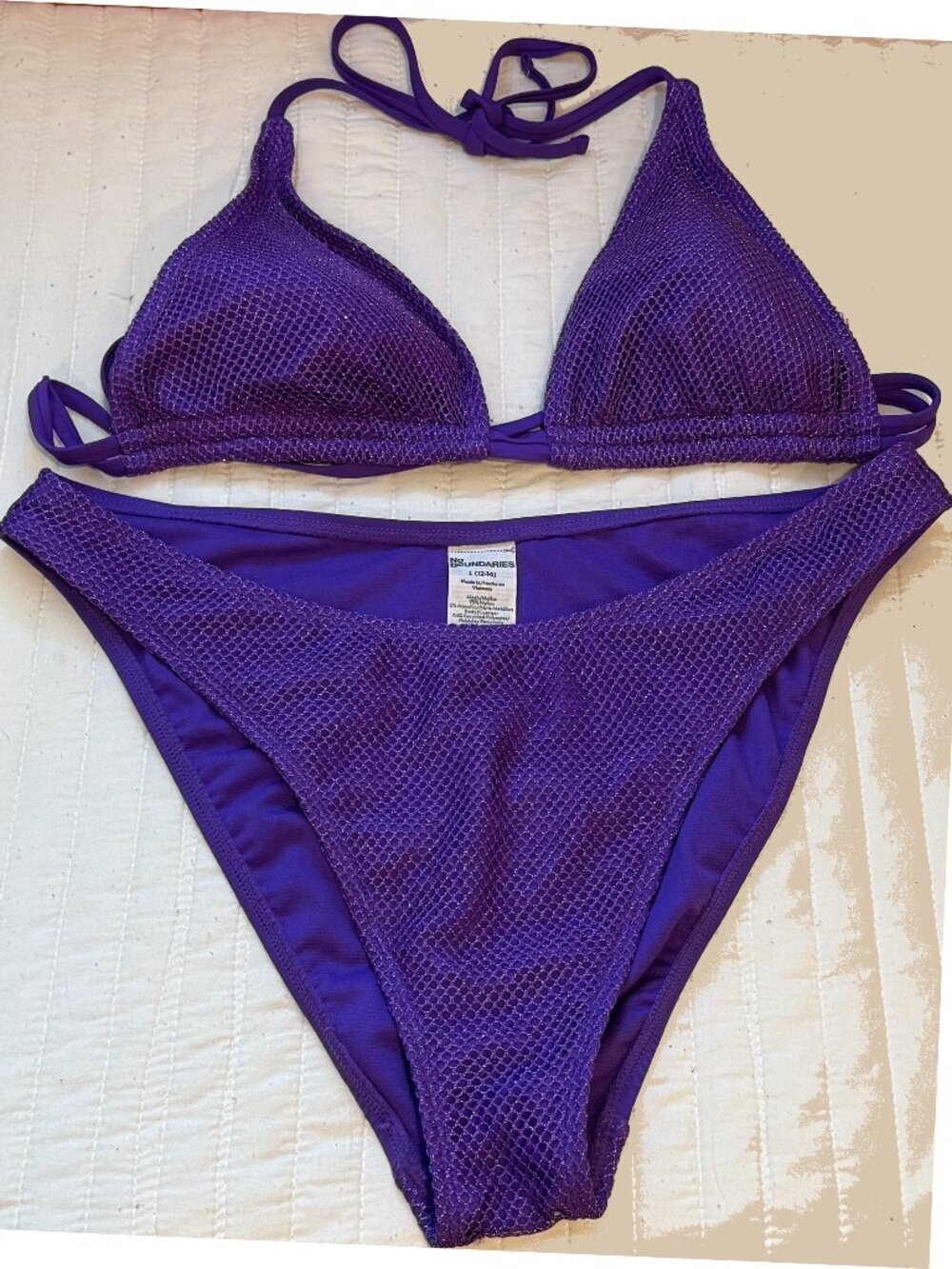No Boundaries Women's Crystal Mesh Purple Bikini Top & Bottoms Matching Set M&L
